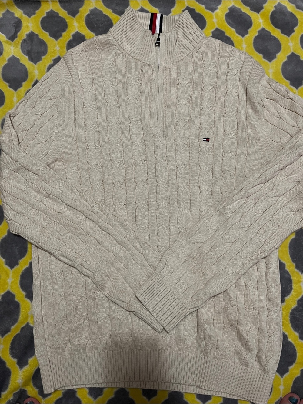 Tommy Hilfiger Men’s Beige Cable-Knit Half-Zip Sweater